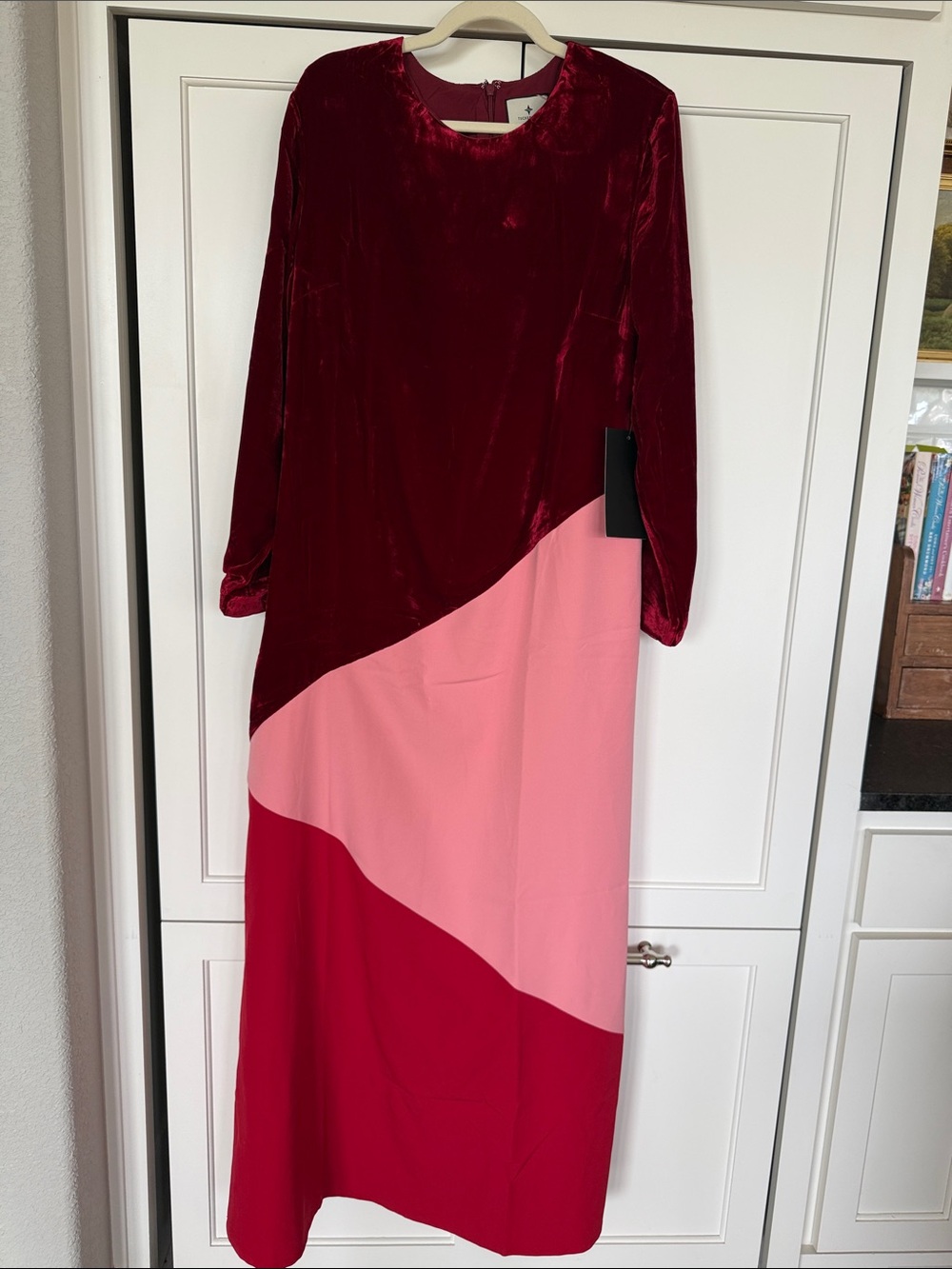 Tuckernuck Long-Sleeve Velvet & Crepe Colorblock Gown — Burgundy, Pink, Red
